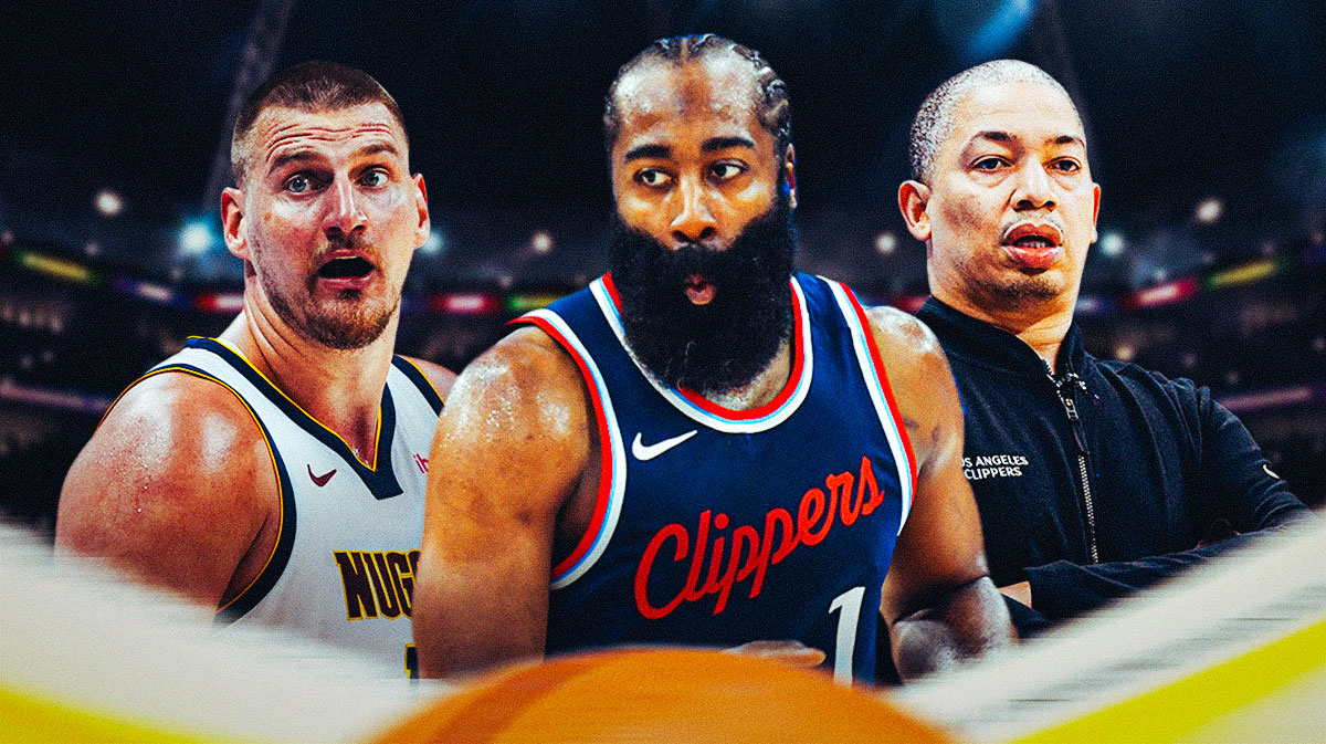 need cutout of James Harden front and center with Nikola Jokic, then need cutout of tyronn Lue behind harden please