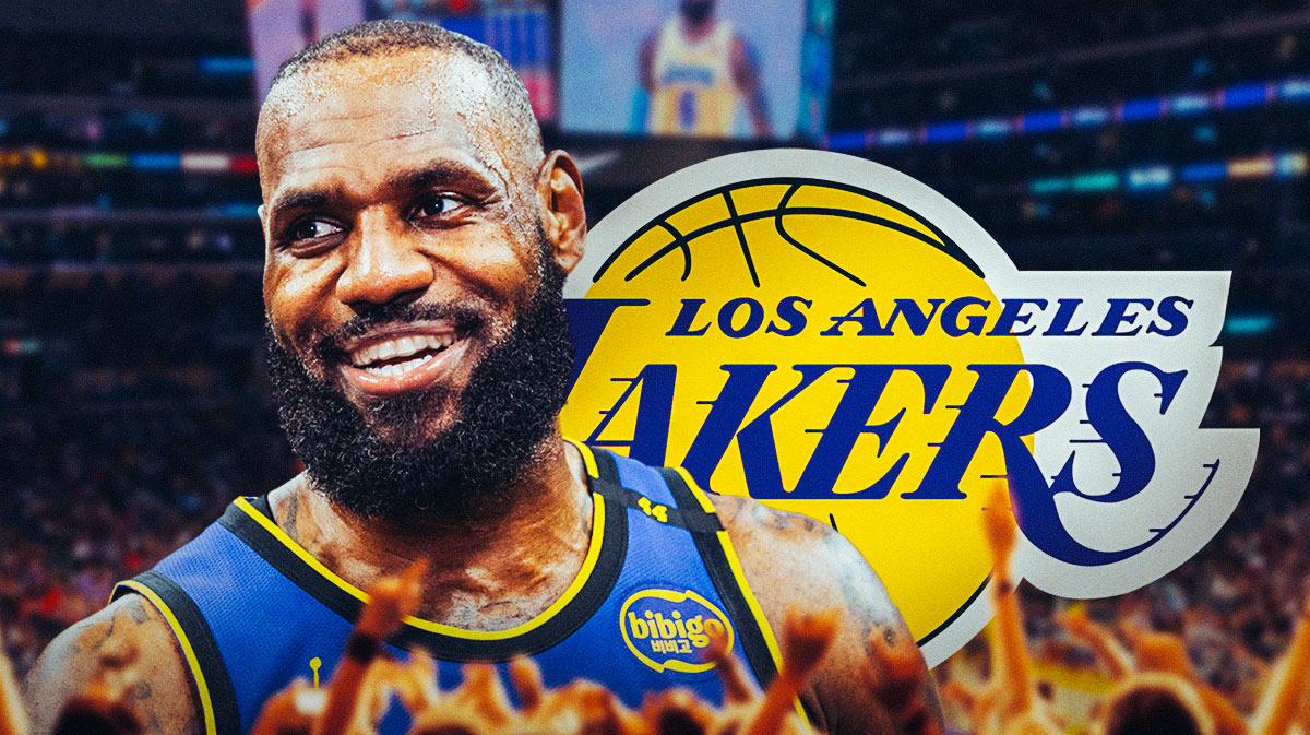 LeBron James smiling. Lakers logo in the background.