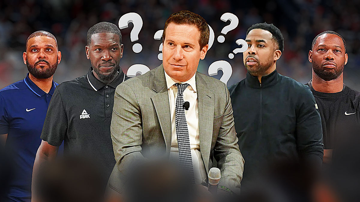 Suns owner Mat Ishbia, with assistant coaches Johnnie Bryant, Royal Ivey, Jared Dudley, and Pelicans head coach Willie Green in the picture. Around Ishbia, there are question marks.