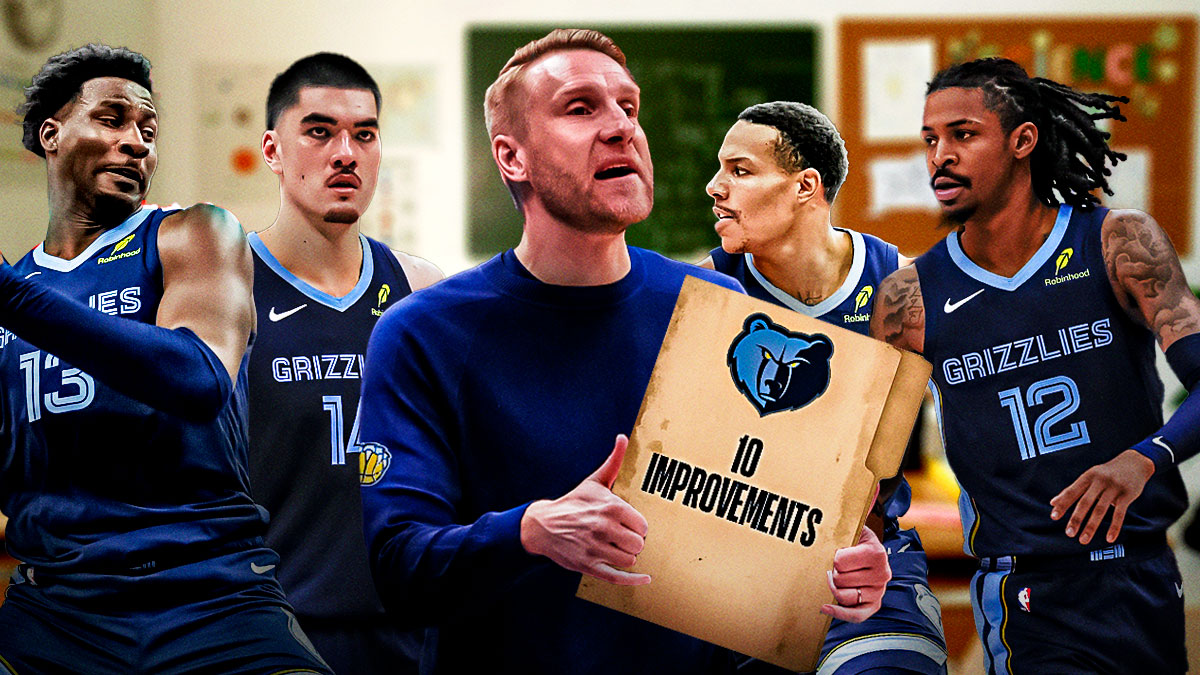 Zach Edey, Desmond Bane, Jaren Jackson Jr., Ja Morant, Tuomas Iisalo, Grizzlies logo