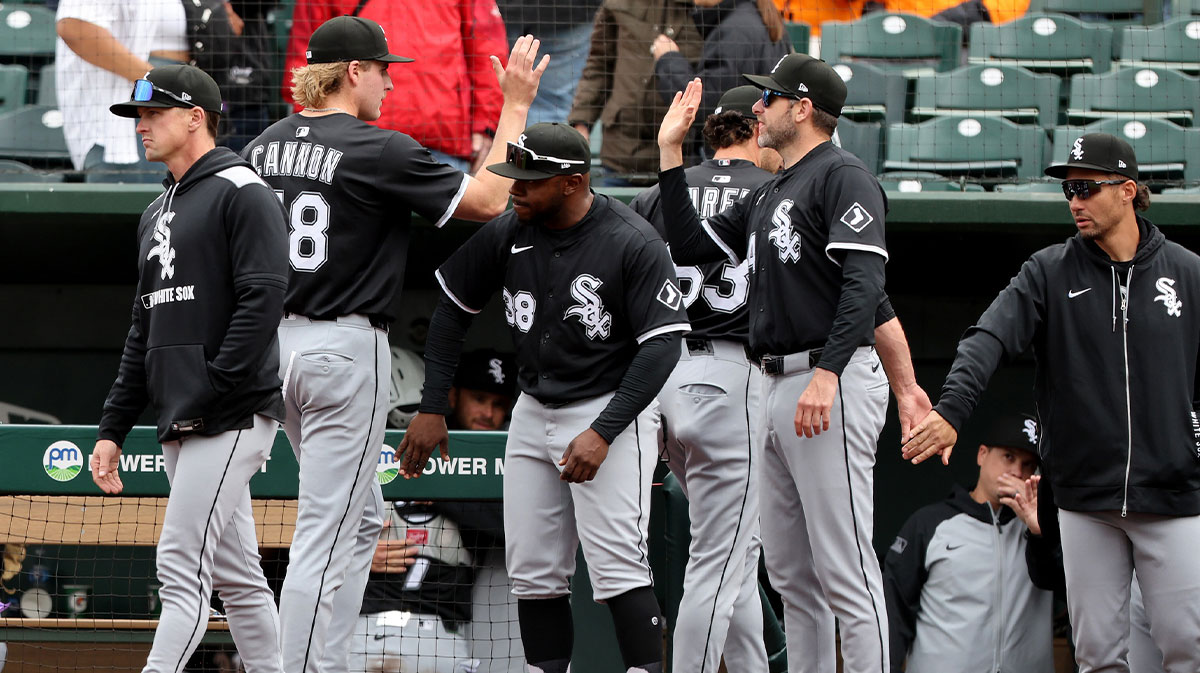 Chicago White Sox winning pitcher Jonathan Cannon (48) is congratulated by teammates after defeating the Athletics at Sutter Health Park.