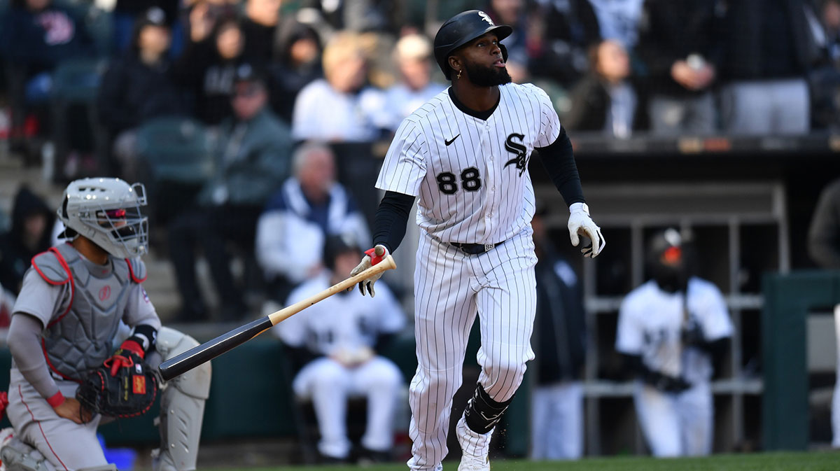 Chicago White Sox center fielder Luis Robert Jr. (88) watches his two run home run during the sixth inning against the Boston Red Sox at Rate Field.
