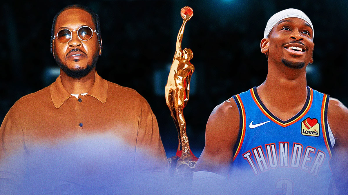 Hall of Fame forward Carmelo Anthony next to Thunder All-Star Shai Gilgeous-Alexander with the MVP trophy in the background
