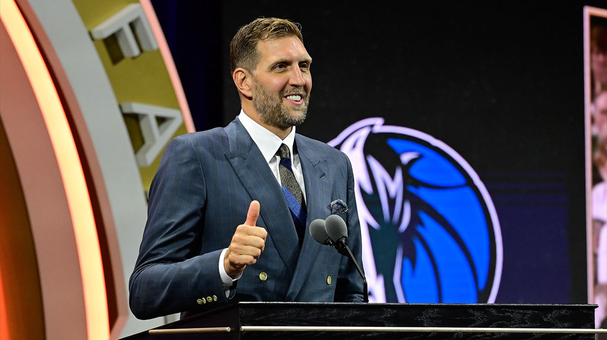 Dirk Nowitzki gives his speech as he is inducted into the 2023 Basketball Hall of Fame at Symphony Hall.