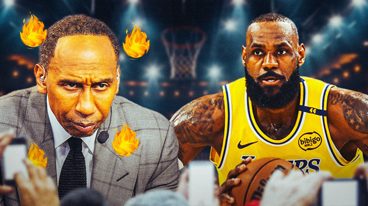 Stephen A Smith with fire around him, and Lakers forward LeBron James next to him