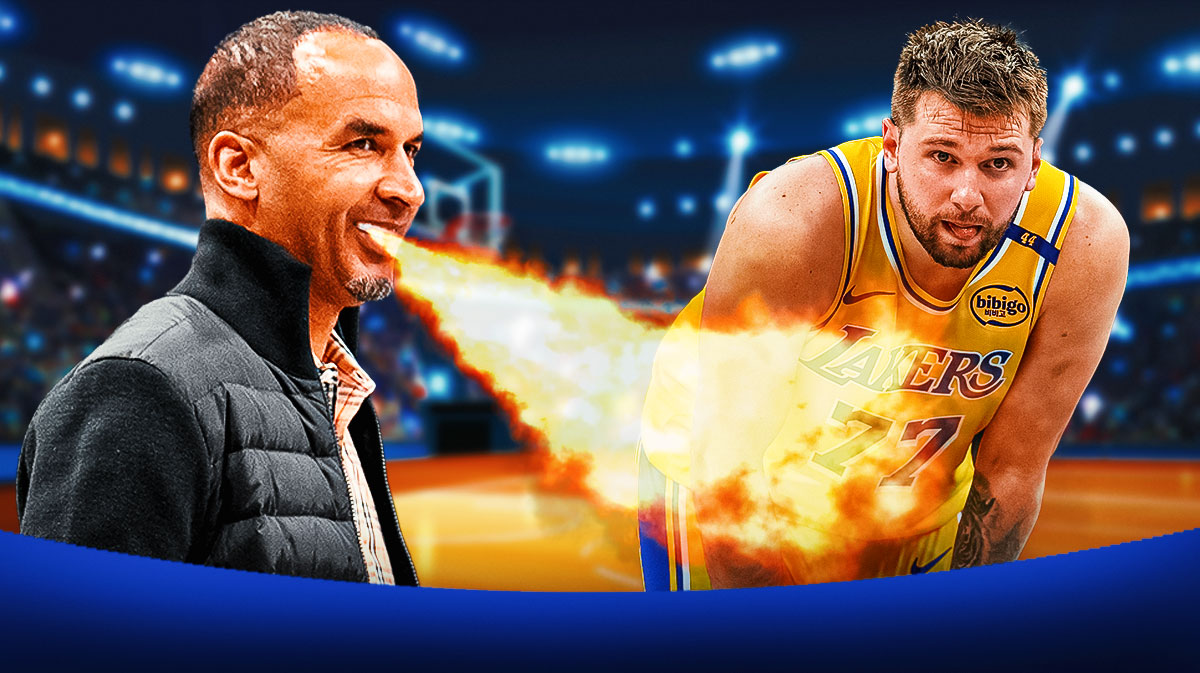 Mavericks Nico Harrison breathing fire on left. Lakers Luka Doncic looking upset/serious on right.