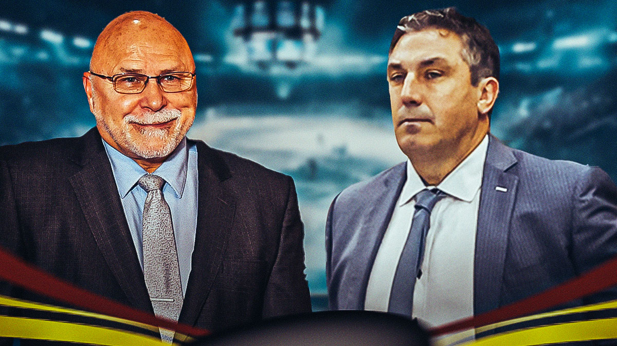 Predators GM Barry Trotz on the left, coach Andrew Brunette on the right, inside Bridgestone Arena