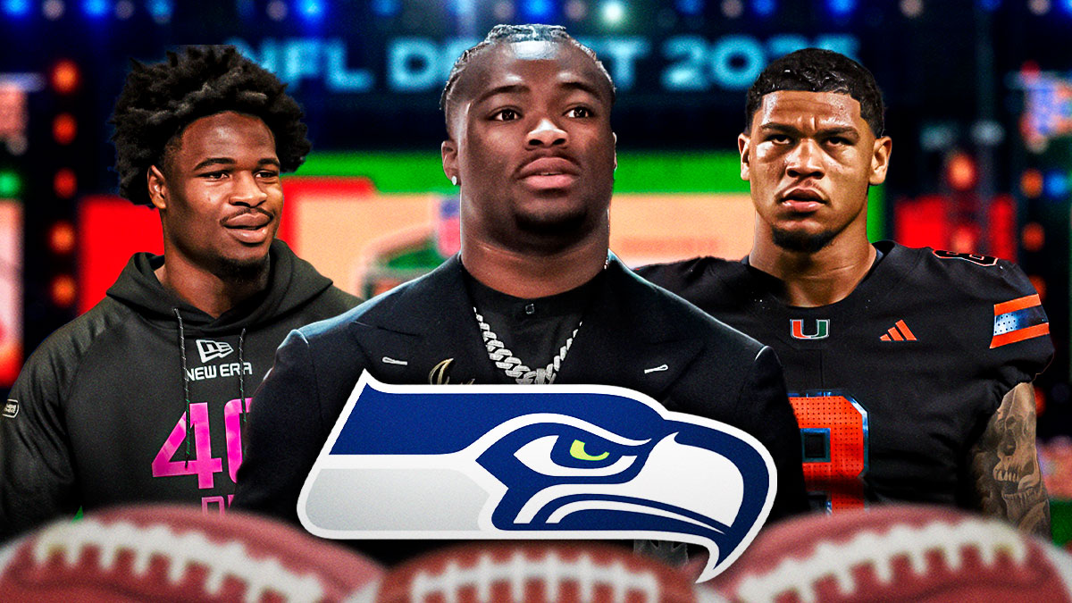 Nick Emmanwori, Jalen Milroe, and Elijah Arroyo with a Sehawks logo in front and an NFL Draft background