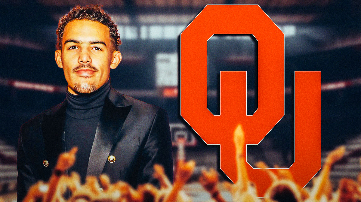 Trae Young photoshopped in a suit next to a University of Oklahoma logo.