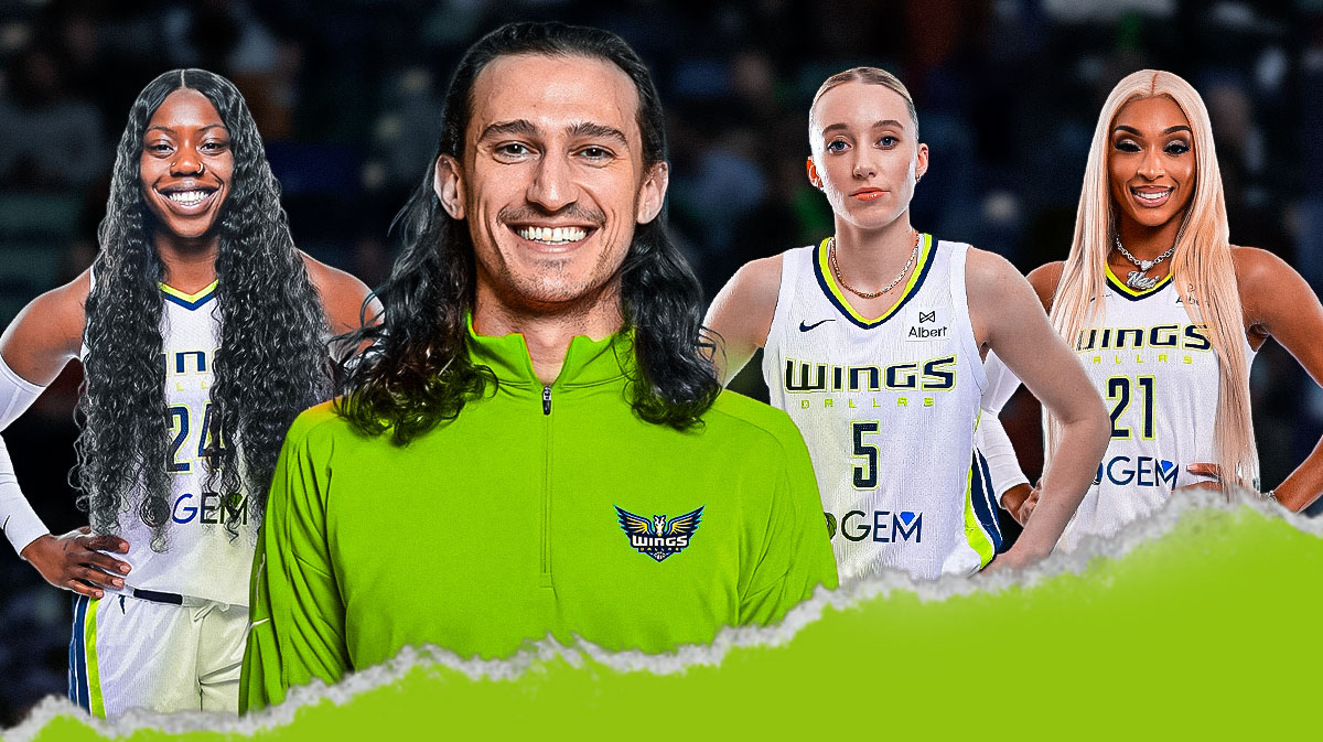 Dallas Wings new head coach Chris Koclanes (wearing Wings gear) in front. In background, place the following Wings players in Wings jerseys: Arike Ogunbowale, Paige Bueckers and DiJonai Carrington.