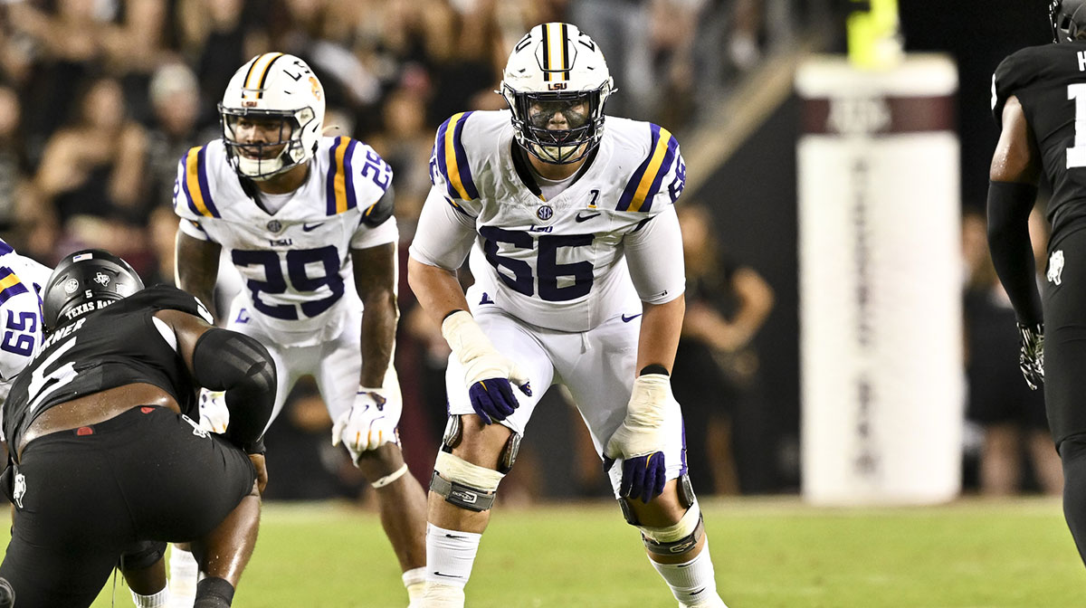 LSU Tigers offensive tackle Will Campbell (66) lines up during the second half against the Texas A&M Aggies. The Aggies defeated the Tigers 38-23; at Kyle Field.