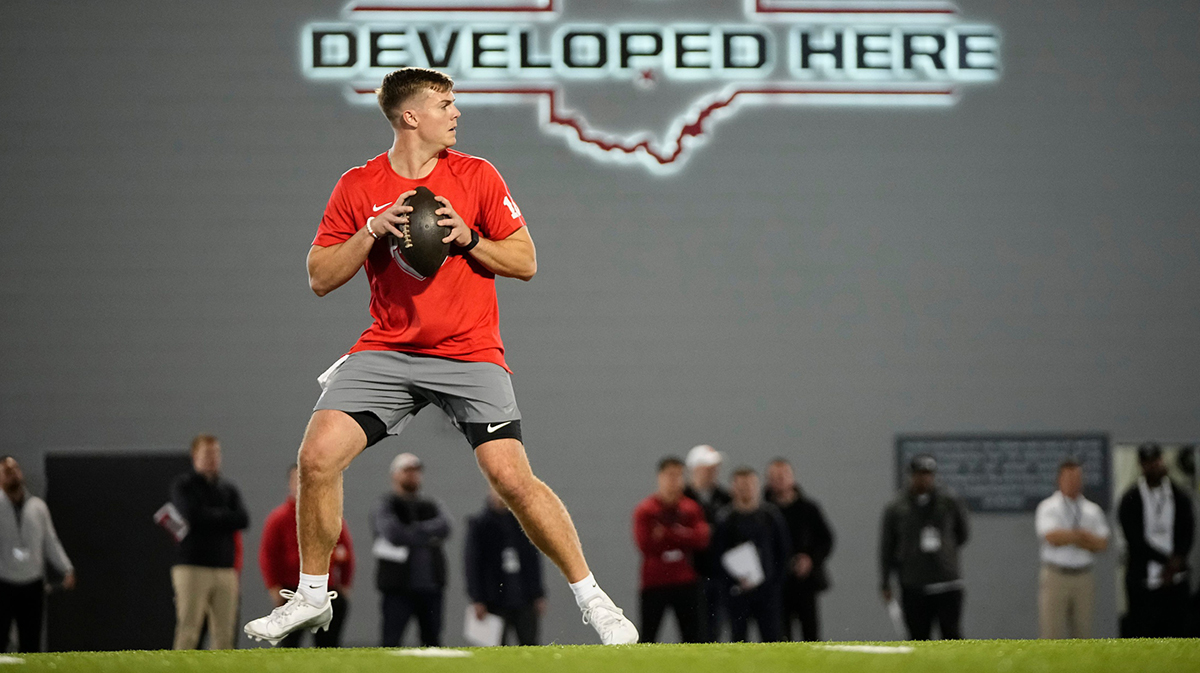 Ohio State Buckeyes quarterback Will Howard drops back to pass during the pro day for NFL scouts at the Woody Hayes Athletic Center on March 26, 2025.