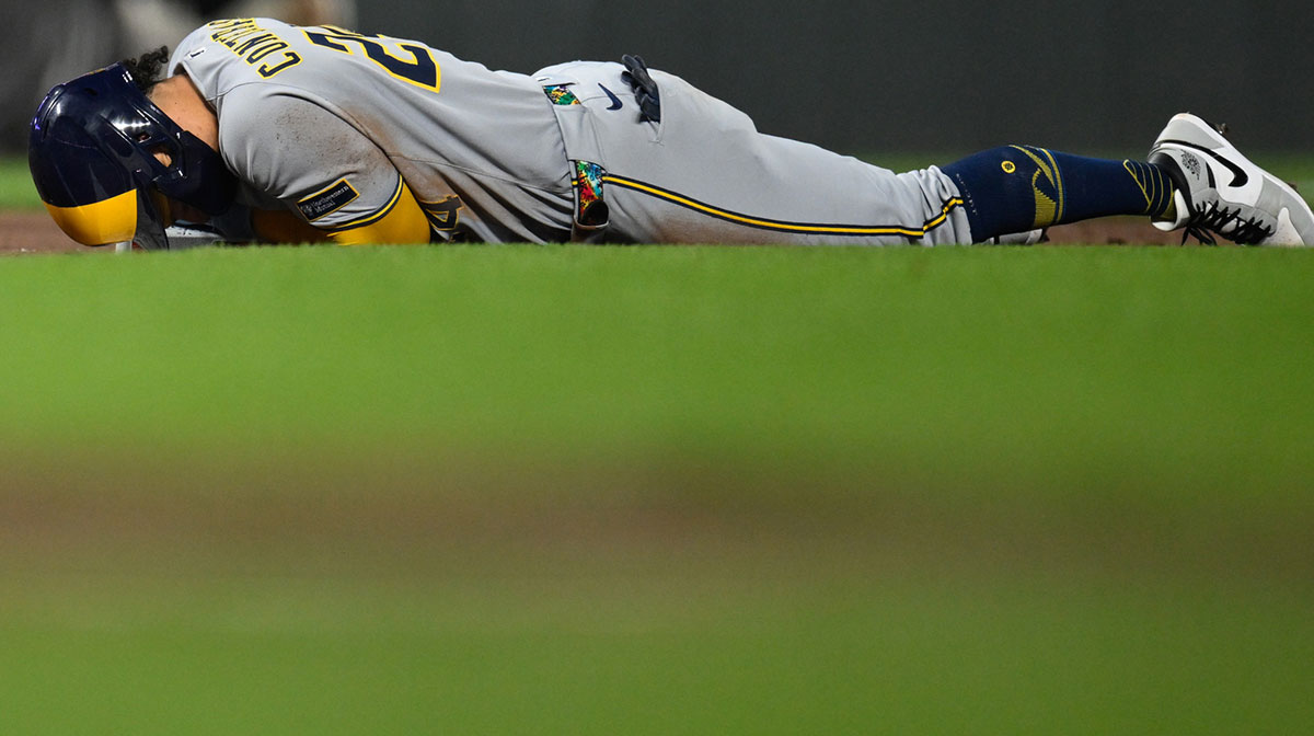 Milwaukee Brewers catcher William Contreras (24) reacts after getting tagged out at third base against the San Francisco Giants in the sixth inning at Oracle Park.
