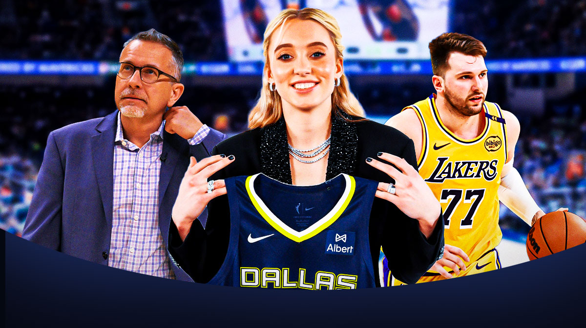 Wings GM Curt Miller on left. Lakers Luka Doncic on right. Paige Bueckers in a Dallas Wings jersey in the middle.