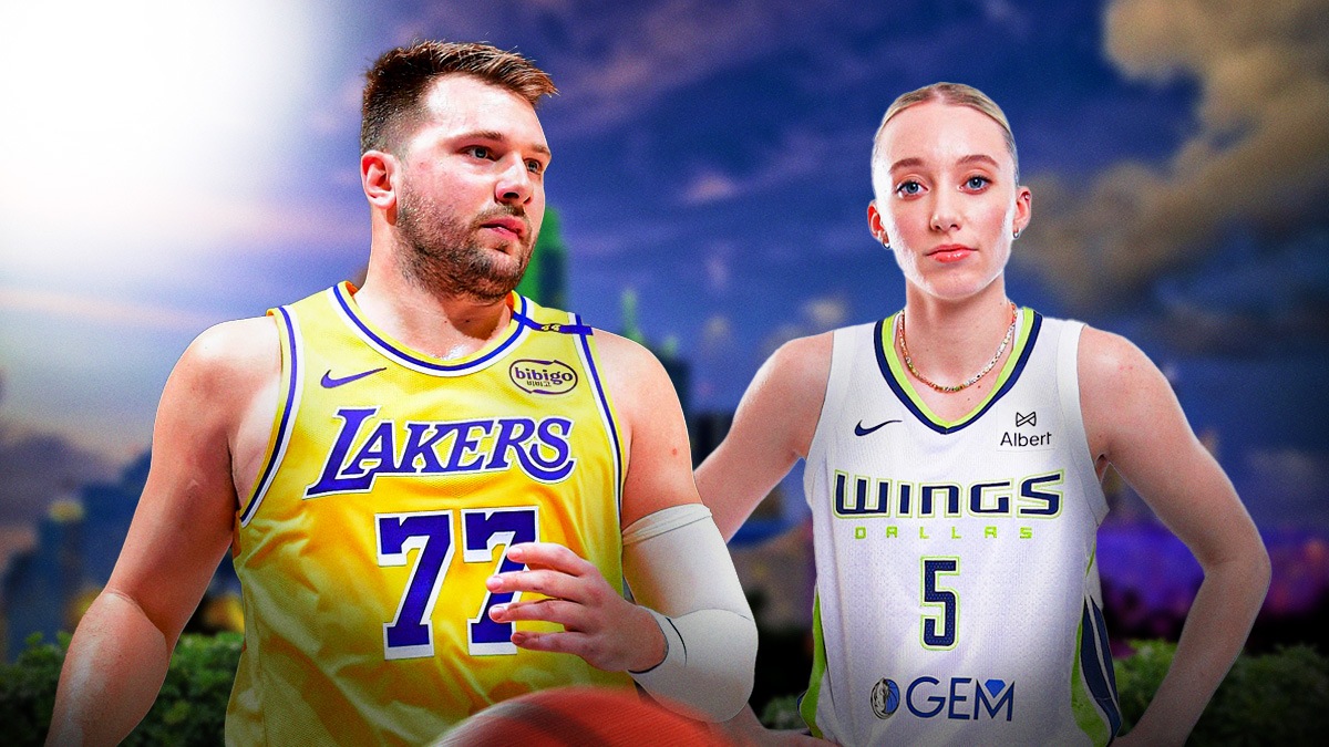 Lakers Luka Doncic on left looking serious. On right, place Paige Bueckers in a Wings jersey with the Dallas Skyline in background.