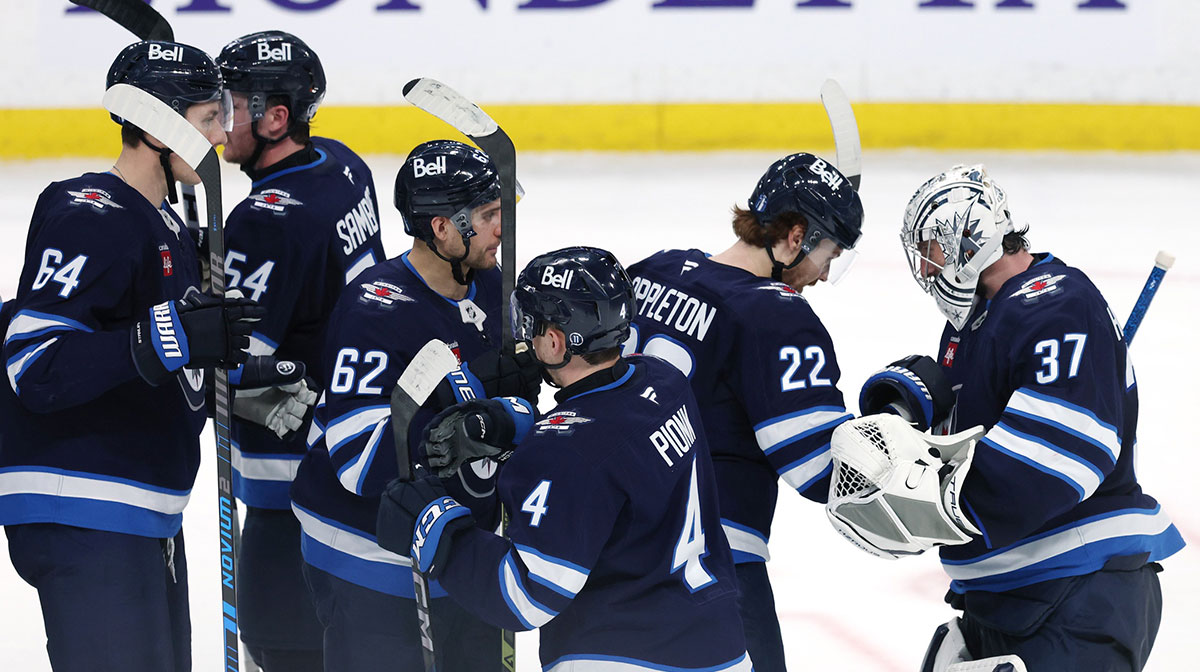 Winnipeg Jets players celebrate their victory against the St. Louis Blues in game two of the first round of the 2025 Stanley Cup Playoffs at Canada Life Centre.