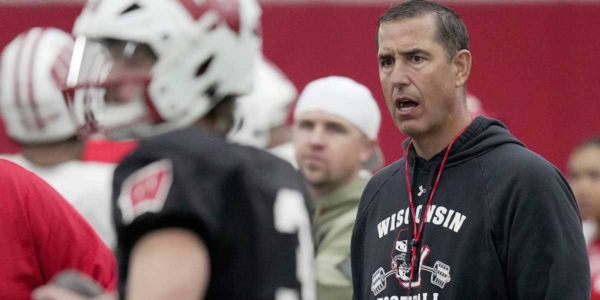 Wisconsin head coach Luke Fickell watches quarterback Carter Smith (3) during spring football practice Thursday, April 3, 2025 in Madison, Wisconsin.