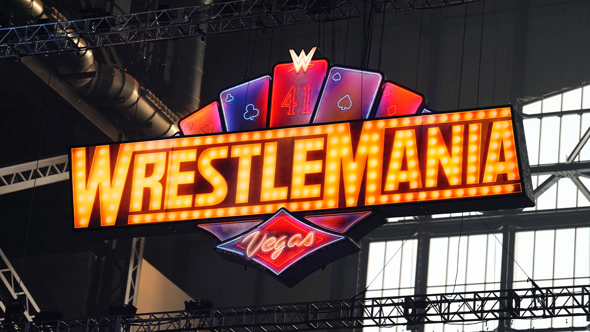 WrestleMania signage on display the WWE Royal Rumble at Lucas Oil Stadium.