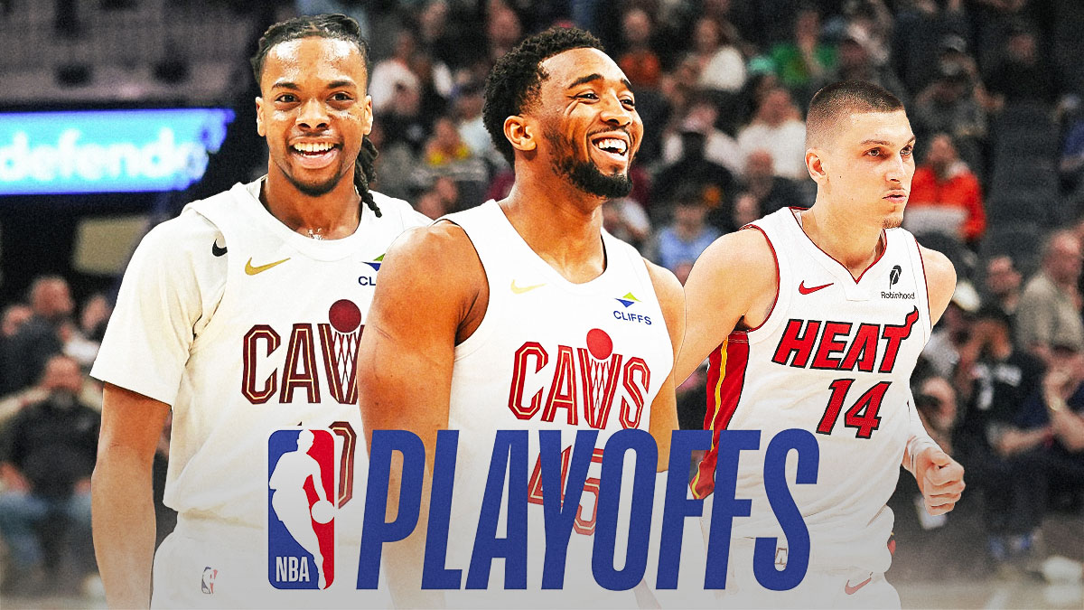Cavs' Darius Garland and Donovan Mitchell smiling, Heat's Tyler Herro beside them, NBA playoffs logo behind them
