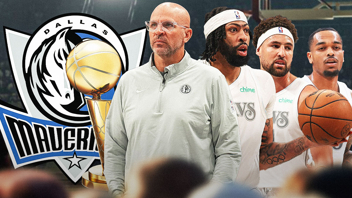 Anthony Davis, Klay Thompson, PJ Washington, coach Jason Kidd all beside each other, Dallas Mavericks logo & NBA Larry O'Brien trophy in the background