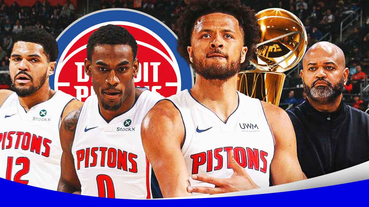 Cade Cunningham, Jalen Duren, Tobias Harris, coach JB Bickerstaff all beside each other, Detroit Pistons logo & NBA Larry O'Brien trophy in the background