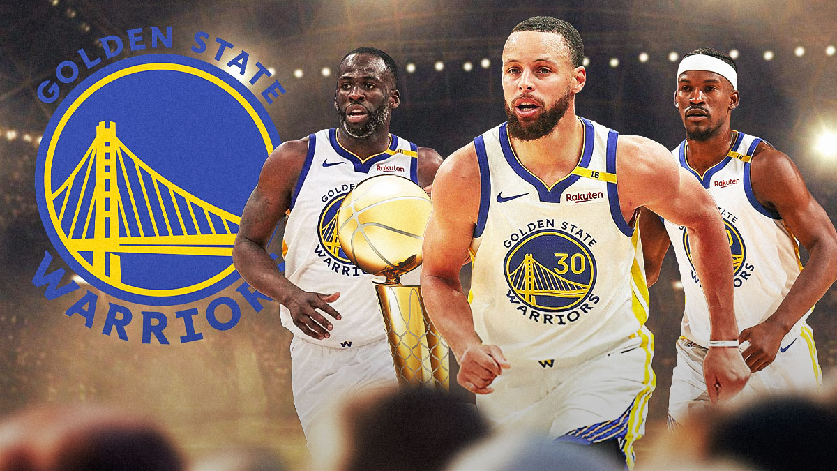 Steph Curry, Draymond Green, Jimmy Butler, coach Steve Kerr all beside each other, Golden State Warriors logo & NBA Larry O'Brien trophy in the background