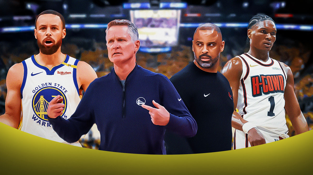 Steph Curry to the left. Amen Thompson to the right. Ime Udoka and Steve Kerr in the middle.