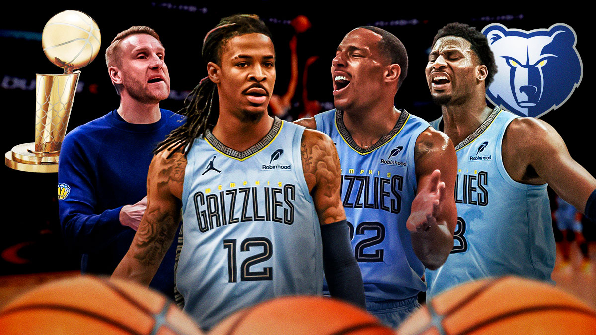 Desmond Bane, Ja Morant, Jaren Jackson Jr, coach Tuomas Iisalo all beside each other, Memphis Grizzlies logo & NBA Larry O'Brien trophy in the background