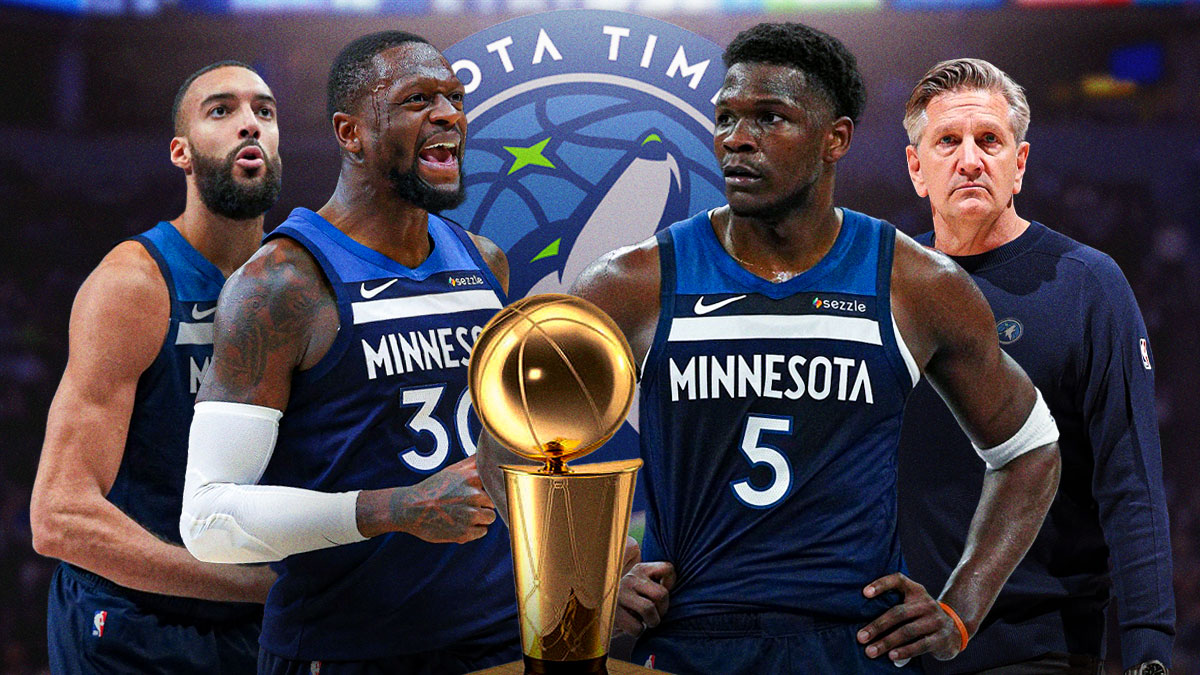 Anthony Edwards, Julius Randle, Rudy Gobert, coach Chris Finch all beside each other, Minnesota Timberwolves logo & NBA Larry O'Brien trophy in the background