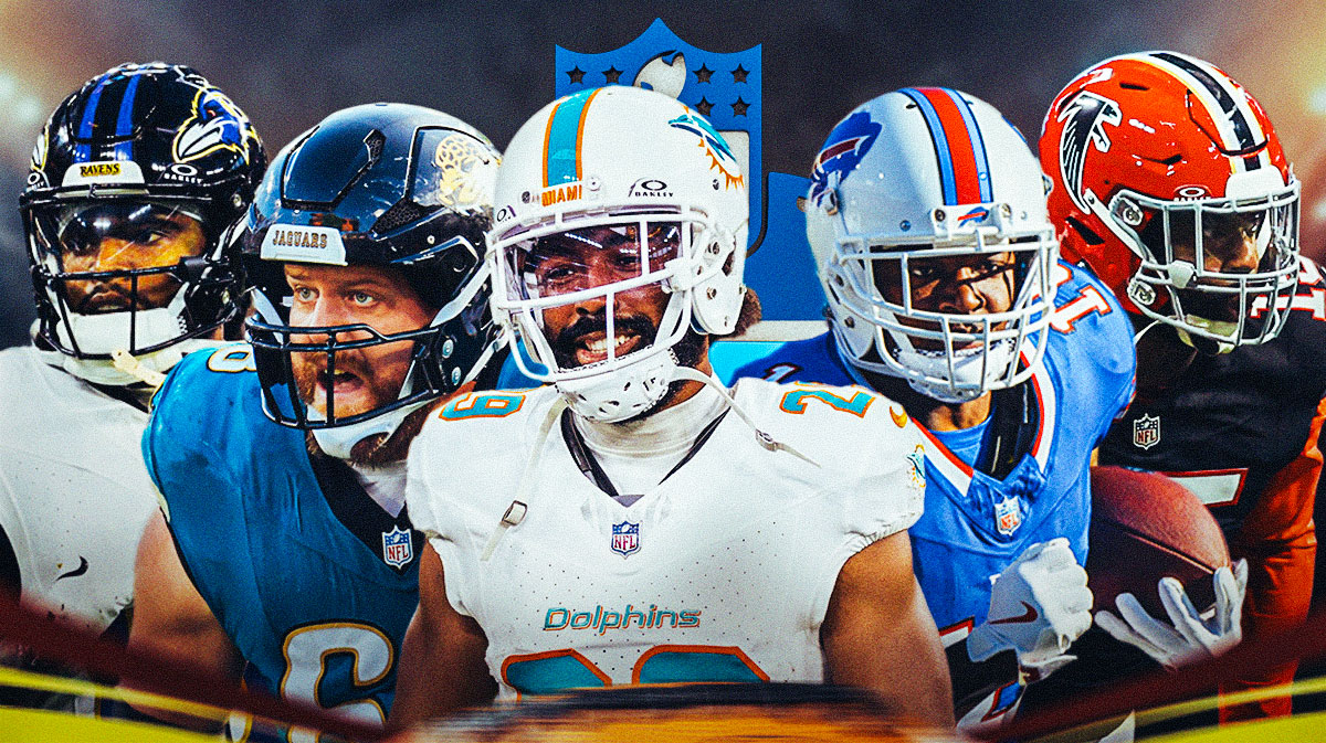 Jaguars OG Brandon Scherff, Dolphins CB Kendall Fuller Bills WR Amari Cooper, Falcons OLB Matthew Judon, and Ravens WR Diontae Johnson. 2025 NFL Draft logo in background