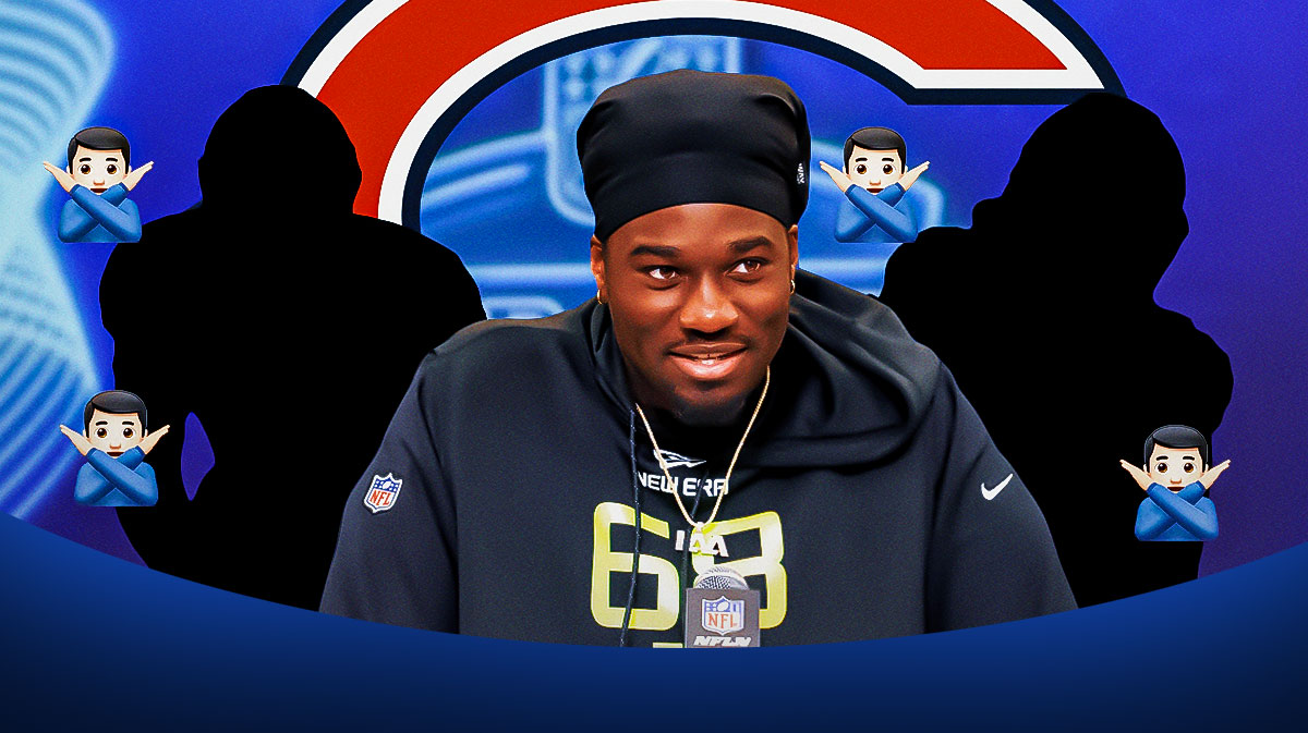 Bears logo behind three players: SILHOUETTE of Texas OT Kelvin Banks, normal photo of Texas A&M DE Shemar Steward, and a SILHOUTTE of Penn State TE Tyler Warren. Multiple 🙅‍♂️ emojis in background. Background is NFL Draft stage.