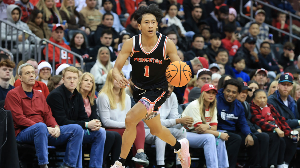 Princeton Tigers guard Xaivian Lee (1) dribbles the ball against the Rutgers Scarlet Knights during the second half at Prudential Center.