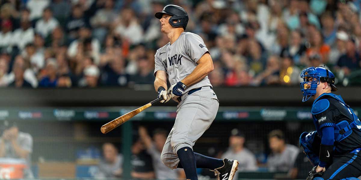 New York Yankees first baseman DJ LeMahieu (26) hits the ball against the Detroit Tigers at Comerica Park in Detroit on Friday, Aug. 16, 2024.