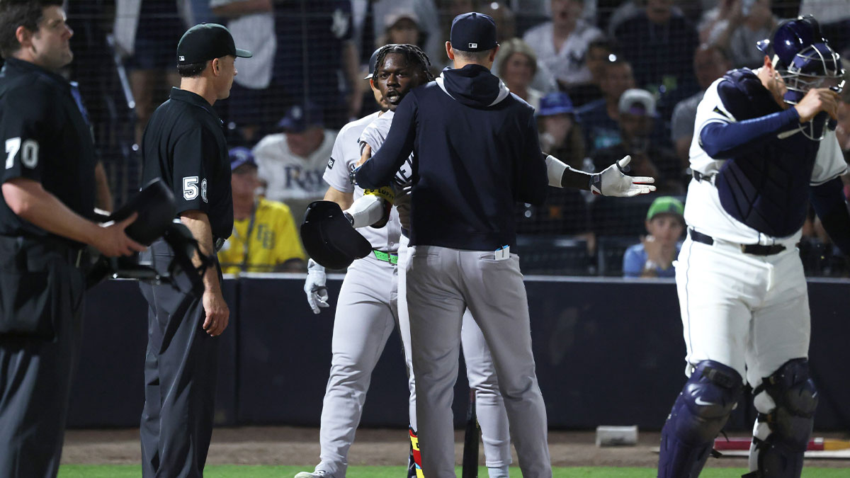 New York Yankees second base Jazz Chisholm Jr. (13) is ejected after he arguing his strike out during the seventh inning against the Tampa Bay Rays at George M. Steinbrenner Field.
