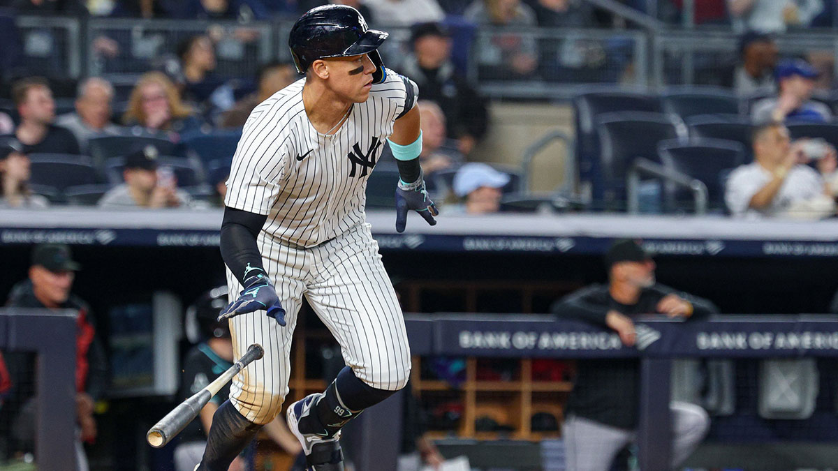 New York Yankees center fielder Aaron Judge (99) doubles during the sixth inning against the Arizona Diamondbacks at Yankee Stadium.