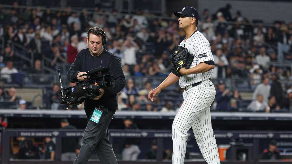 New York Yankees starting pitcher Carlos Carrasco (59) walks off the field after being relieved during the sixth inning against the Arizona Diamondbacks at Yankee Stadium.