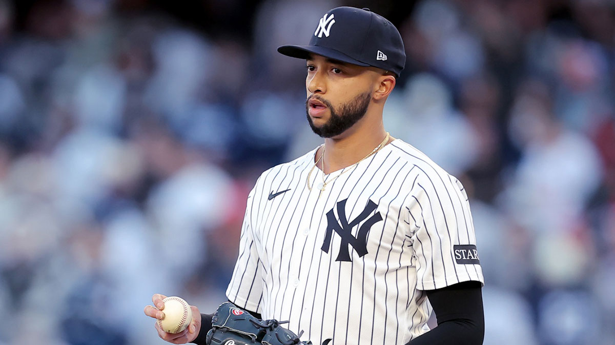 New York Yankees relief pitcher Devin Williams (38) reacts during the ninth inning against the Milwaukee Brewers at Yankee Stadium.