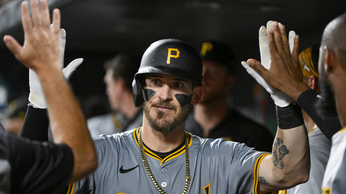 Pittsburgh Pirates catcher Yasmani Grandal (6) is congratulated by teammates after hitting a game tying solo home run against the St. Louis Cardinals during the seventh inning at Busch Stadium.