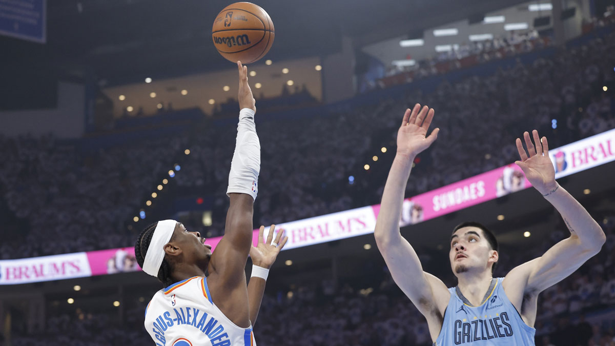 Oklahoma City Thunder guard Shai Gilgeous-Alexander (2) shoots as Memphis Grizzlies center Zach Edey (14) defends during the first quarter at Paycom Center.