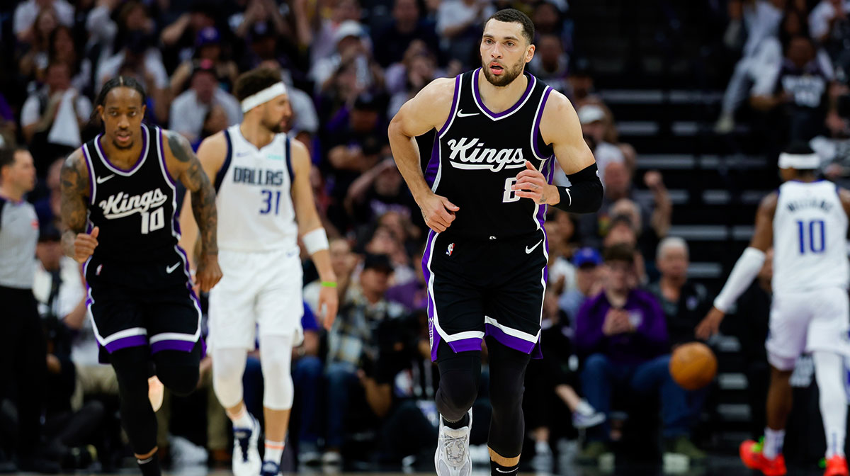 Sacramento Kings guard Zach LaVine (8) reacts after scoring a basket during the second quarter against the Dallas Mavericks at Golden 1 Center.