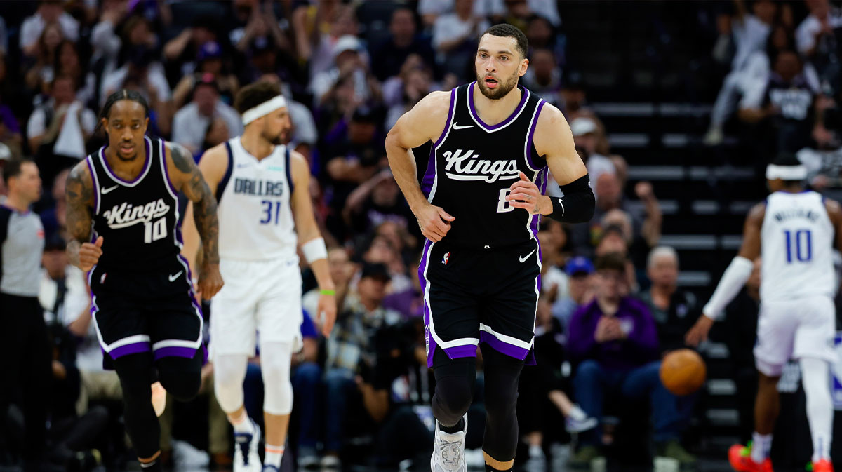 Sacramento Kings guard Zach LaVine (8) reacts after scoring a basket during the second quarter against the Dallas Mavericks at Golden 1 Center.