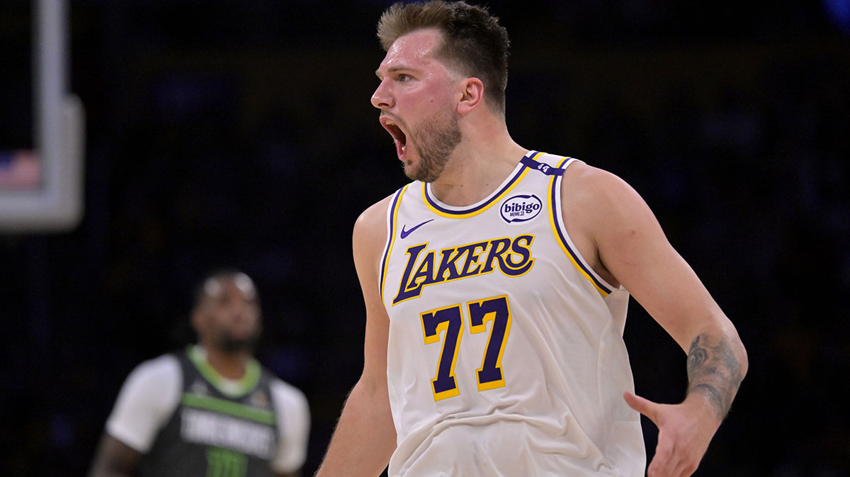 Los Angeles Lakers guard Luka Doncic (77) reacts after not getting a foul call in the second half against the Minnesota Timberwolves at Crypto.com Arena