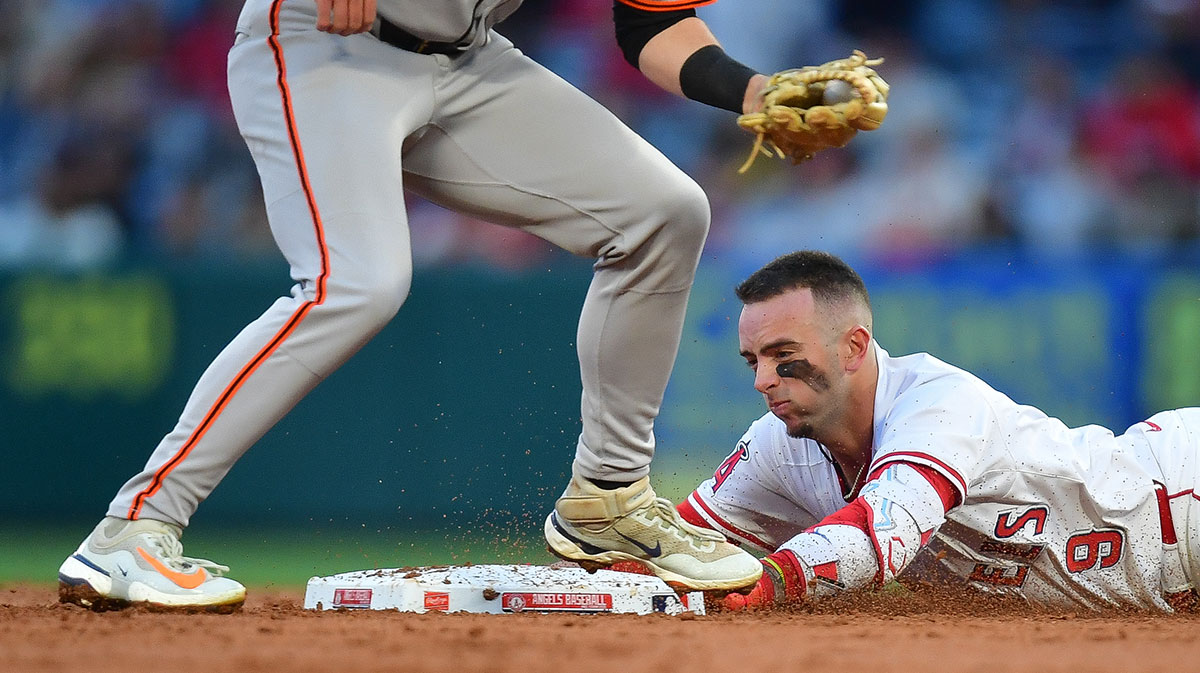 Los Angeles Angels shortstop Zach Neto (9) reaches second on an RBI double against the San Francisco Giants during the second inning at Angel Stadium.