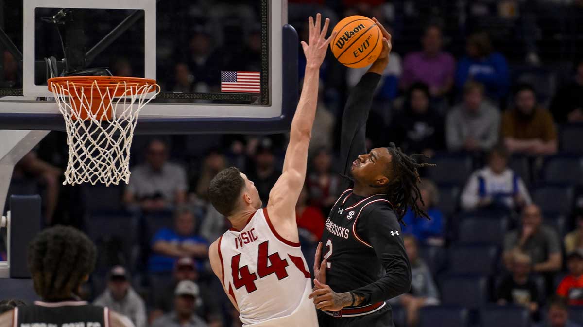 Arkansas Razorbacks forward Zvonimir Ivisic (44) blocks the shot of South Carolina Gamecocks guard Zachary Davis (2) during the first half at Bridgestone Arena.