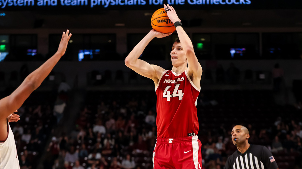 Arkansas Razorbacks forward Zvonimir Ivisic (44) attempts a three point basket against the South Carolina Gamecocks in the second half at Colonial Life Arena.