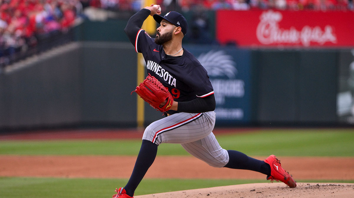 Minnesota Twins starting pitcher Pablo Lopez (49) pitches against the St. Louis Cardinals during the first inning at Busch Stadium.