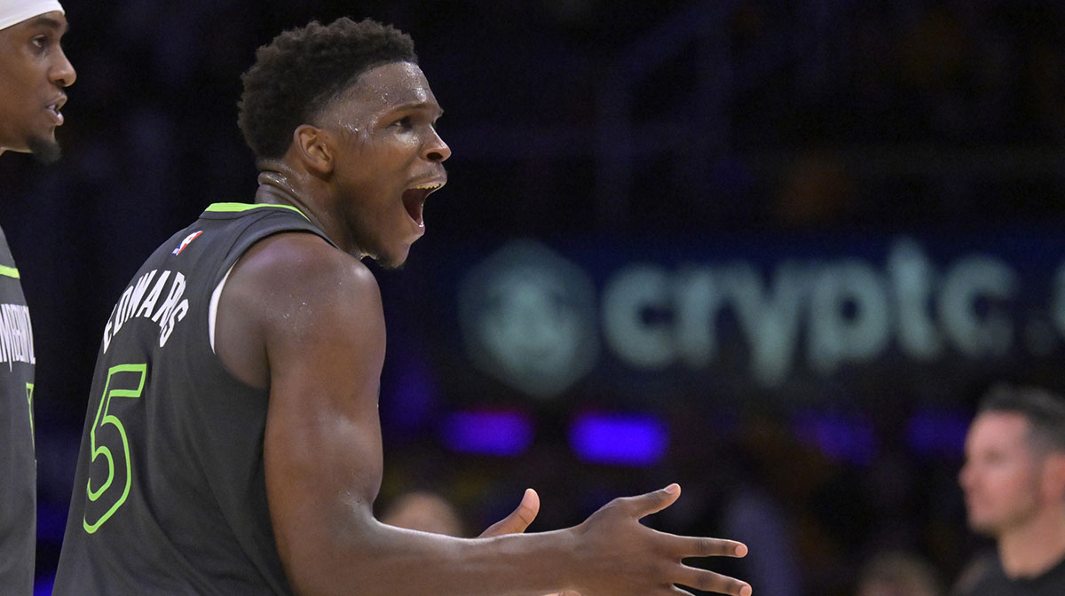 Minnesota Timberwolves guard Anthony Edwards (5) reacts toward referee Brian Forte (45) after called for a foul on Los Angeles Lakers forward LeBron James (23) in the second half at Crypto.com Arena.