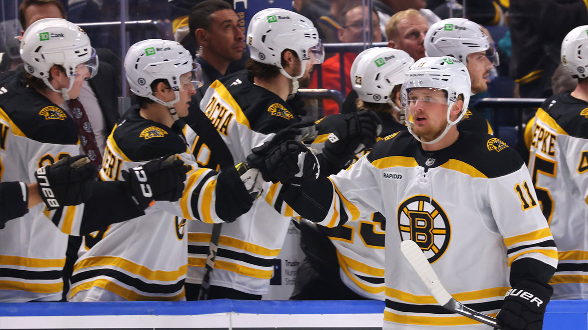 Boston Bruins center Casey Mittelstadt (11) celebrates his goal with teammates during the second period against the Buffalo Sabres at KeyBank Center.