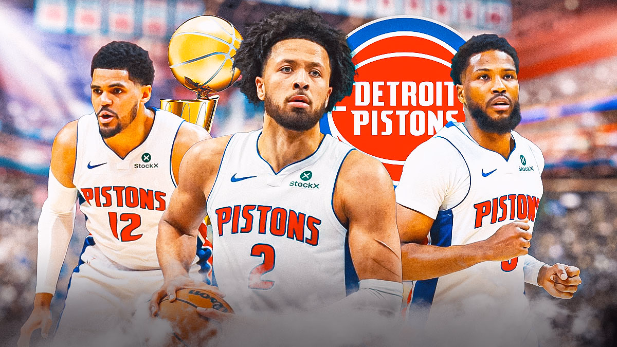 Cade Cunningham, Malik Beasley, Tobias Harris all beside each other, Detroit Pistons logo & NBA Larry O'Brien trophy in the background