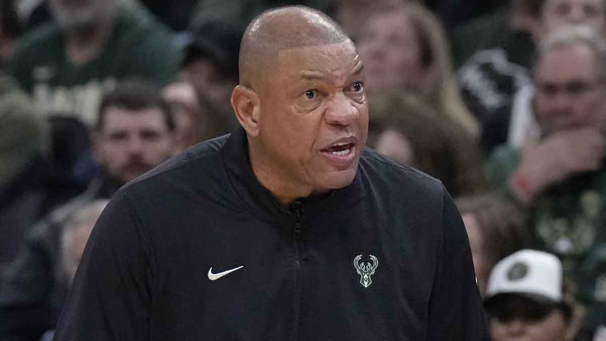 Milwaukee Bucks coach Doc Rivers yells out instruction against the Indiana Pacers during game three of first round for the 2024 NBA Playoffs at Fiserv Forum.